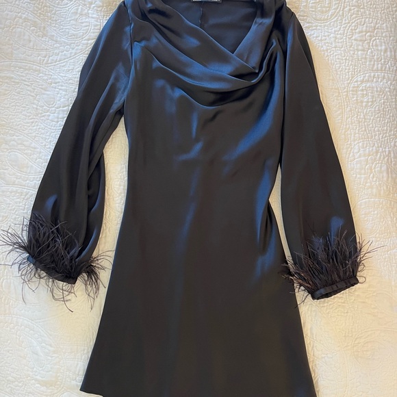 Zara Black Satin Cowl Neck Mini Dress with Feather Cuffs - Picture 4 of 5